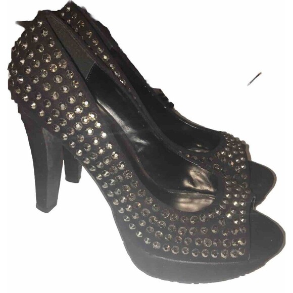 Candies Open Toe Studded Heels size 9.5 M Black Silver Platform Shoes Boho Chic - Picture 2 of 8